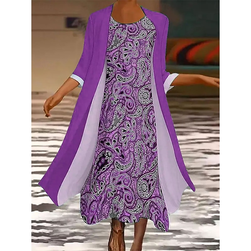 Women's Dress Set Maxi Dress A Line Dress Casual Graphic Tribal Print Midi Dress 3/4 Length Sleeve Crew Neck Daily Blue Purple Green Summer Spring Regular Fit3