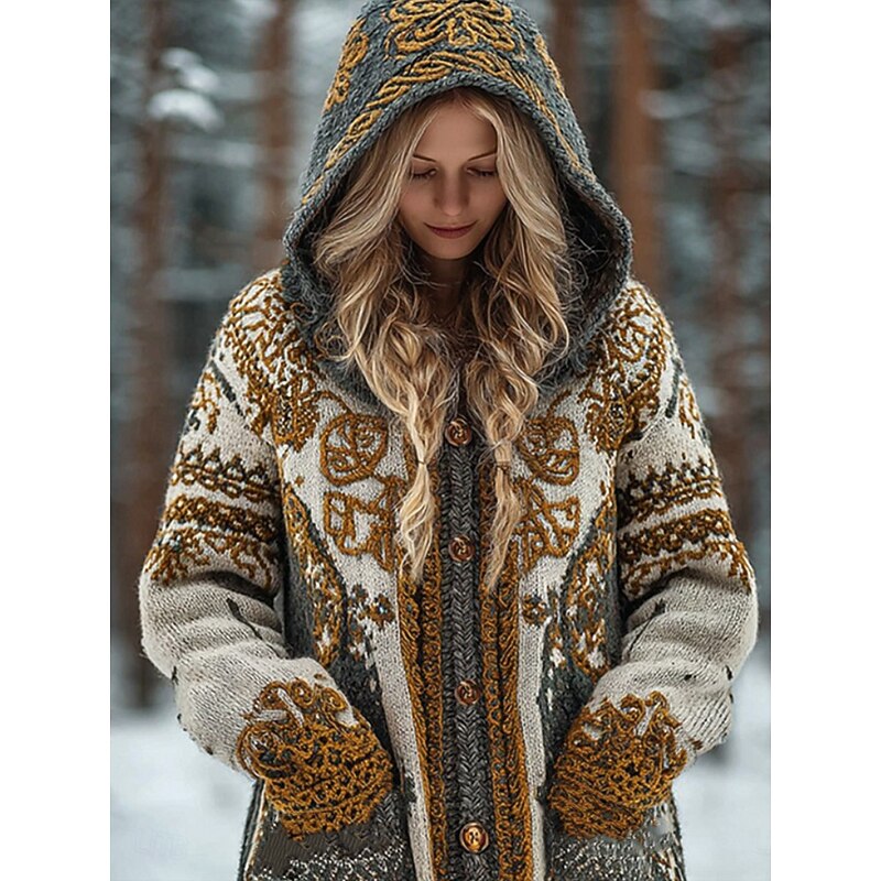 Viking Boho Women's Cardigan Vintage Daily Ethnic Style Geometric Color Gradient Ribbed Hooded Pocket Buttons Print Long Sleeve Long Tops Knit Outdoor Weekend Yellow Blue Fall Winter