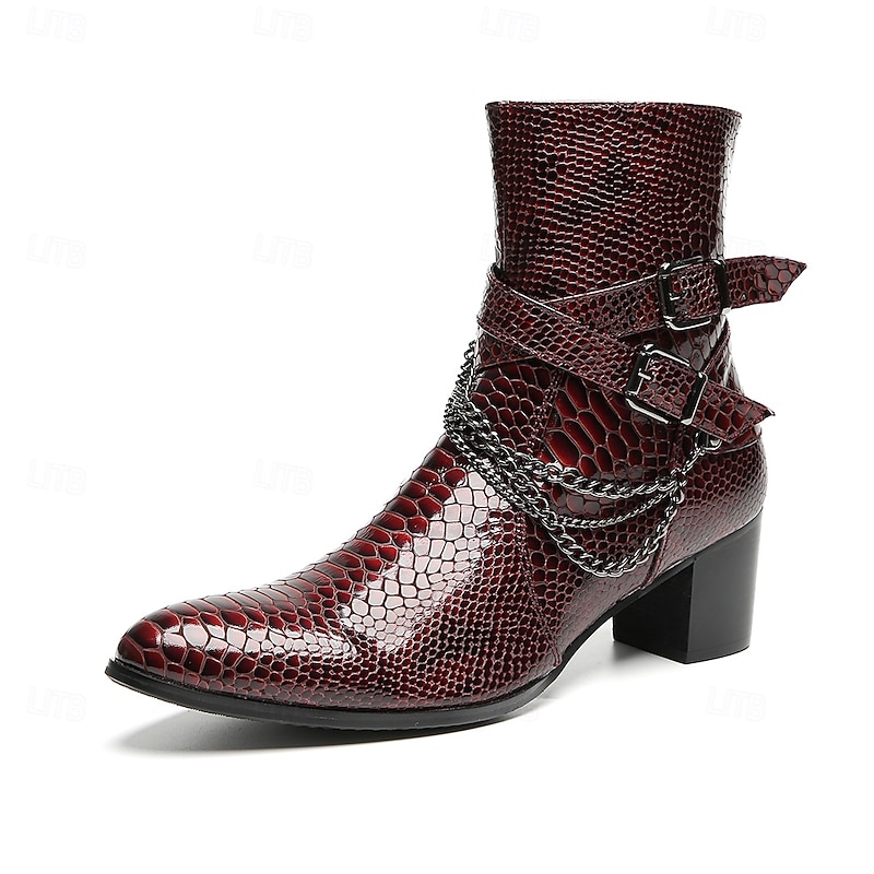 Men's Genuine Cowhide Leather Croc Embossed Ankle Boots with Chain Buckle – Vintage Western Style Dress Boots for Parties and Stage Performance2