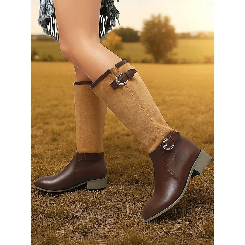 Women's Two-Tone Faux Leather Riding Boots –Western Knee-High Equestrian Style with Buckle Detail for Fall Fashion and Outdoor Wear2