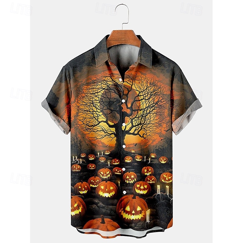 Halloween Men's Grimace Lantern Face Shirt Summer Shirt Casual Shirt Short Sleeves Horror Vacation Daily Wear Theme Party Spring & Summer Lapel Print Black 4 Black 1 Black 3 Navy Blue Black 2