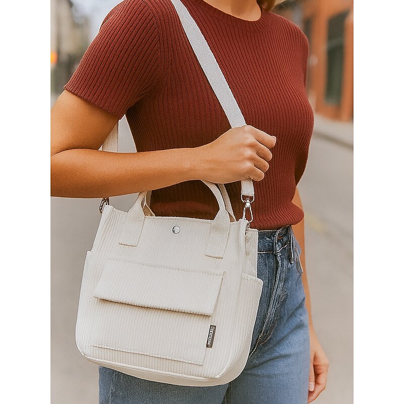 Women's Corduroy Tote Bag with Shoulder Strap – Casual Vintage Crossbody Handbag for Work, Travel, Shopping & Everyday Use3