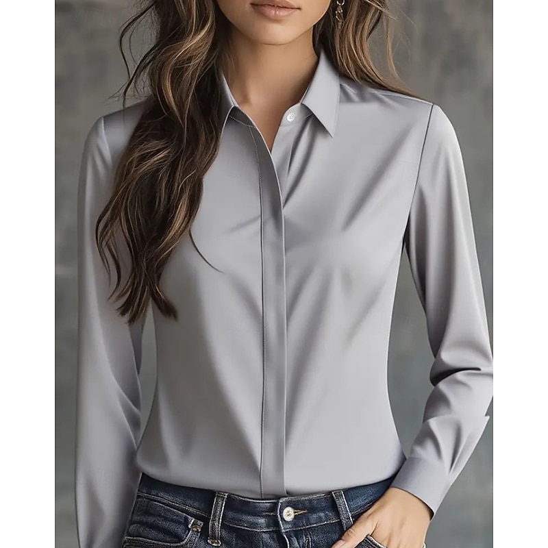 Women's Shirt Elegant Dressy Satin Plain Elegant Stylish Long Sleeve Shirt Collar Regular Tops Work Going out Buttons Black White Gray Spring Fall3
