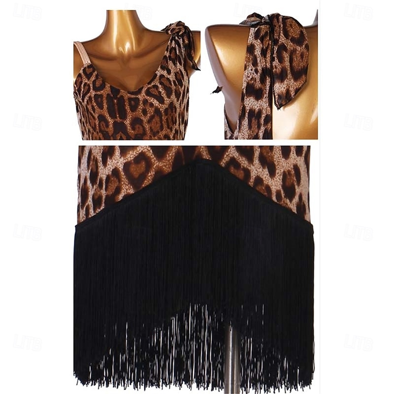 Women's Leopard Print Latin Dance Dress with Fringe Hem, Adjustable Strap, and Sexy Tie-Shoulder Detail – Perfect for Salsa, Rumba, and Performance Wear4