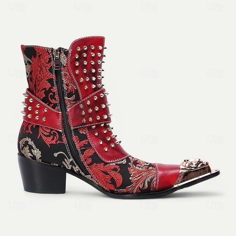 Men's Red Studded Gothic Ankle Boots – Punk Rock Style Leather Buckle Boots with Side Zipper for Concerts, Festivals and Party Fashion3