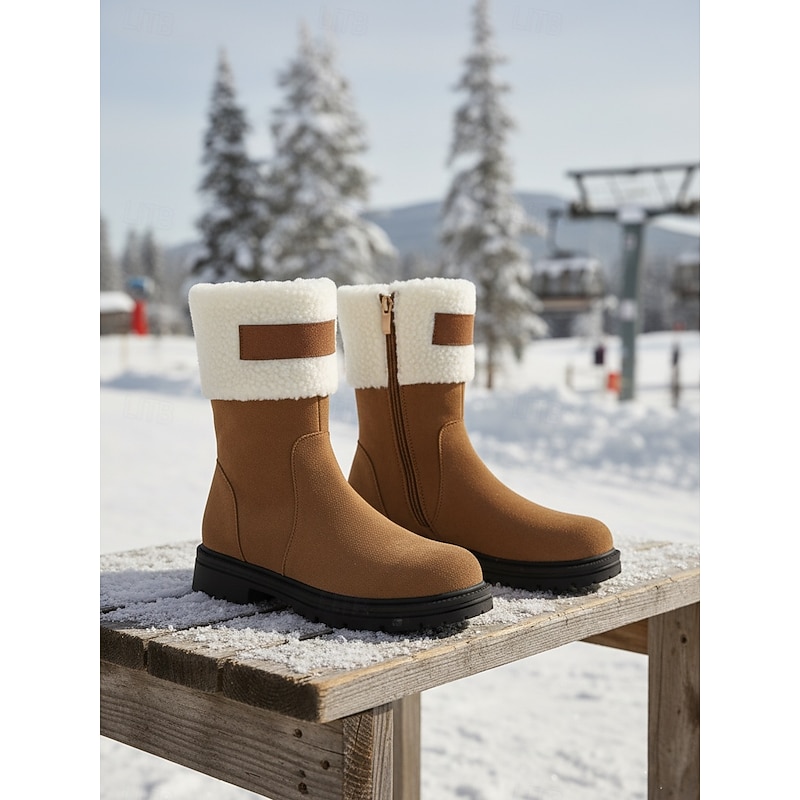 Women's Brown Suede Winter Boots with Faux Shearling Cuffs and Side Zipper, Stylish Urban Footwear for Cold Weather Fashion2