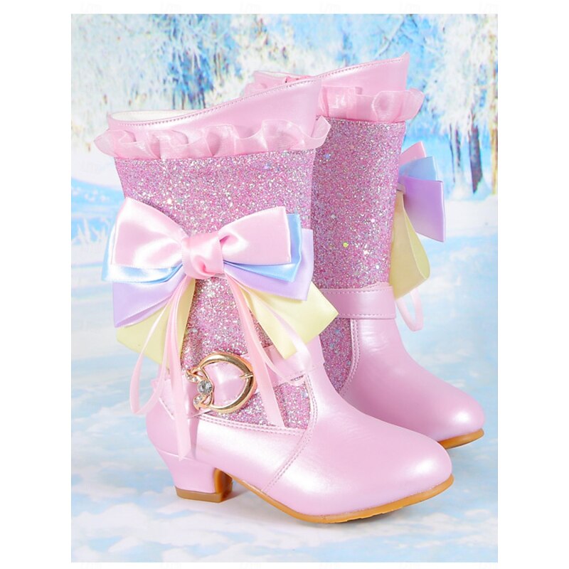 Girl's Pink Glitter Bow Boots -Sparkly Mid-Calf Princess Shoes with Ruffle Trim for Parties, Cosplay, and Dress-Up