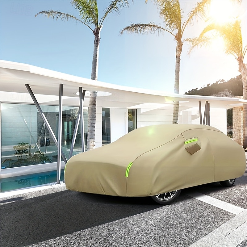 1Pcs Heavy Duty All-Weather Car Cover - Waterproof Windproof Sun & Dust Protection Fit for All Seasons with Reflective Stripes & Mirror Pockets3