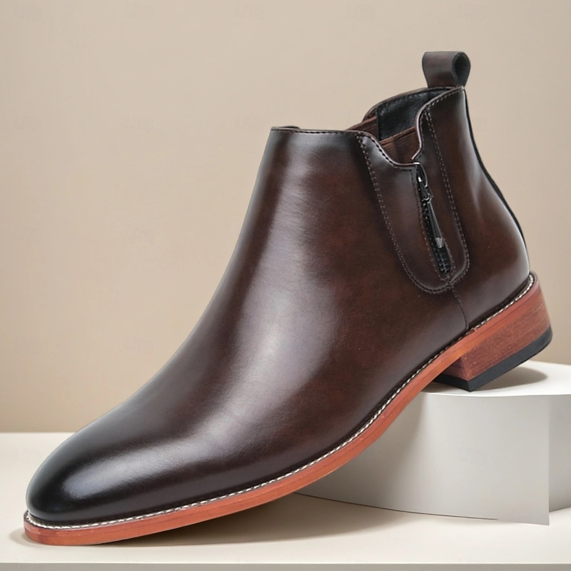 Men's Brown Faux Leather Chelsea Ankle Boots – Side Zipper Slip-On Dress Boots for Business, Office and Casual Outfits