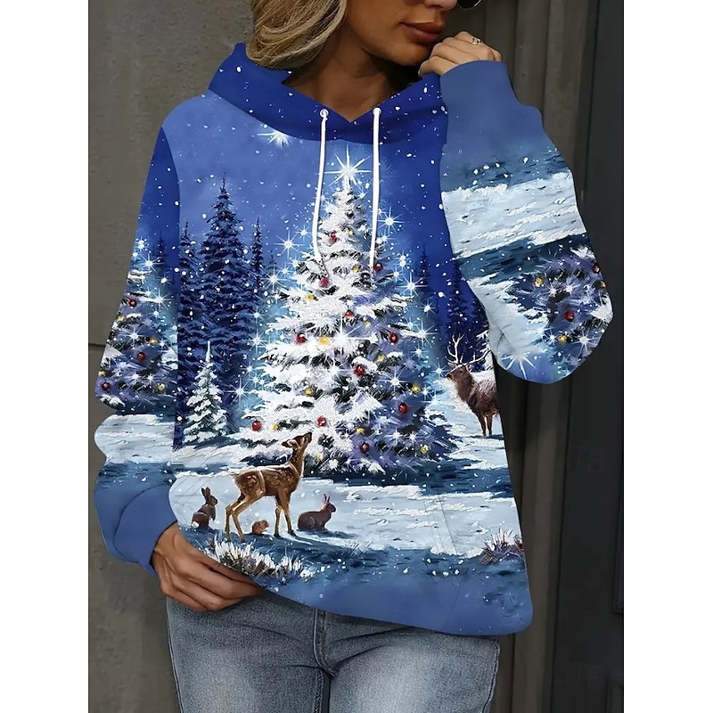 Women's Pullover Hoodie Sweatshirt Graphic Santa Claus Christmas Tree Elegant Warm Active Long Sleeve Hooded Regular Tops Street Dailywear Casual Drawstring Print Black Blue Spring Fall Winter4
