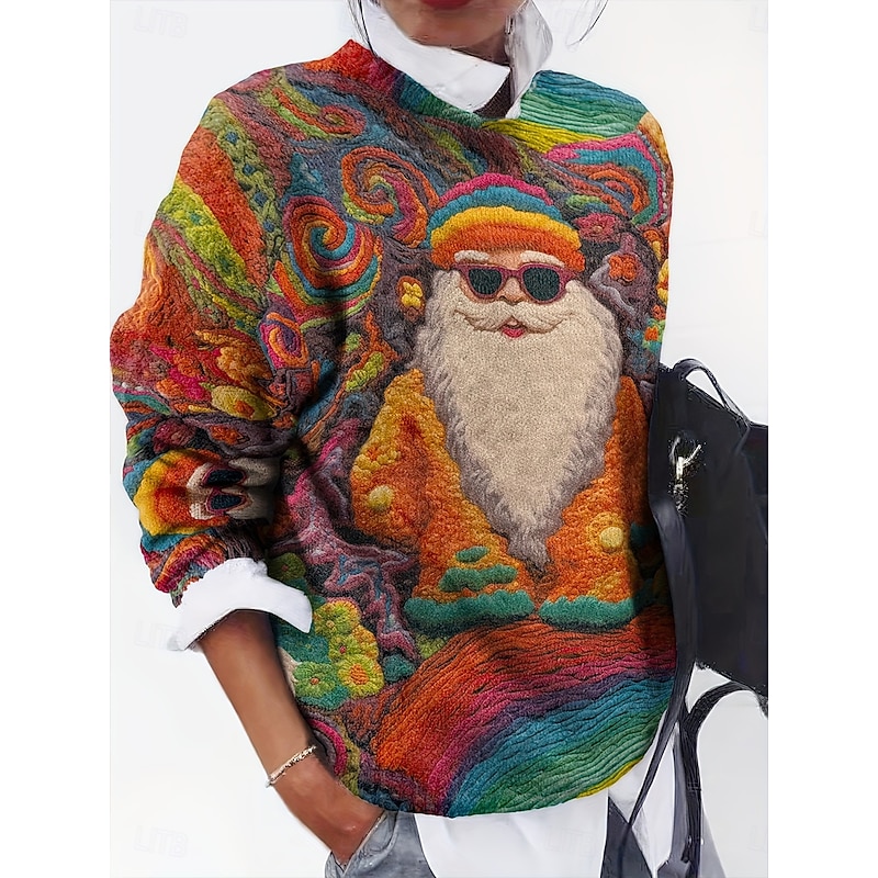 Christmas Women's Sweater Pullover Daily Casual Graphic Santa Claus Ribbed Crew Neck Knitted Print Long Sleeve Regular Tops Knit Outdoor Weekend Orange Fall Winter2