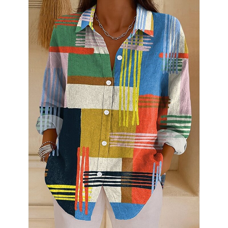 Women's Shirt Graphic Geometric Stylish Modern Casual Long Sleeve Bishop Sleeve Shirt Collar Regular Tops Daily Holiday Print Pink Blue Orange Green Summer Spring