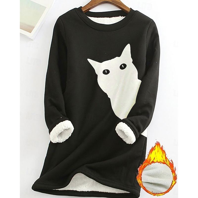 Women's Pullover Sweatshirt Animal Cat Fashion Basic Casual Long Sleeve Crew Neck Long Tops Street Dailywear Casual Print Fleece Lined Black Pink Dark Pink Blue Fall Winter2