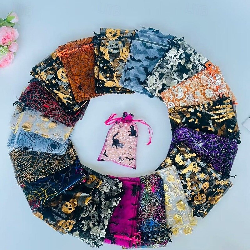 100pcs/set Halloween Party Drawstring Gift Bags  4x6in Small Tulle Candy Snack Bags for Party Gifts (Pumpkin Spider Web Skull Bat) - Event and Party Supplies Gift Boxes Favors Mesh Drawstring B2