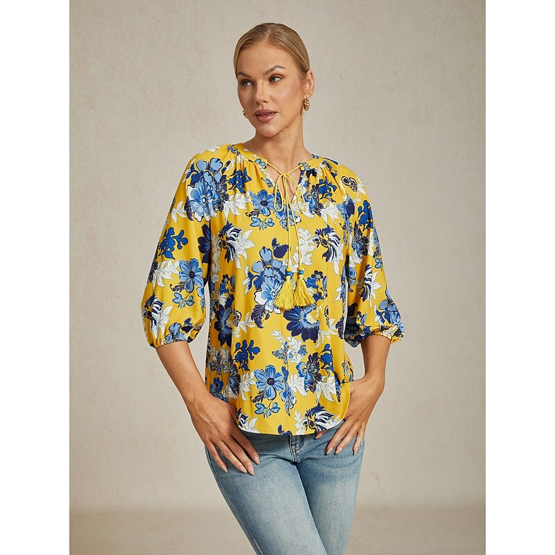 Women's Female Casual Shirt Floral Casual T-shirt Sleeve Yellow Floral 3/4 Sleeve Vacation V Neck4