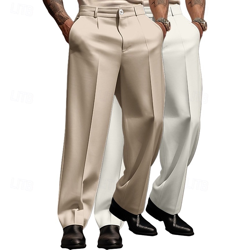 Men's Trousers Dress Pants Baggy Pants Dress Slacks Front Pocket Straight Leg Plain Comfort Breathable Wedding Business Casual Fashion Basic White+Khaki Khaki+Black Inelastic4