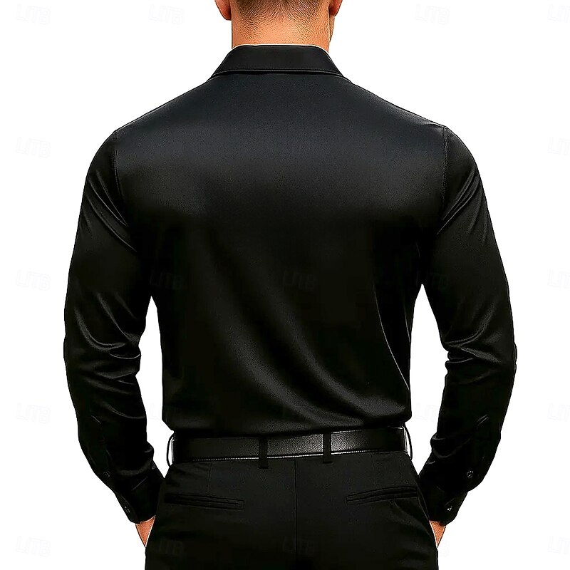 Men's Shirt Silk Like Satin Shirt Casual Shirt Plain Formal Wedding Silver Black Gold Green Long Sleeve Lapel Spring &  Fall All Seasons Clothing Apparel Ruched2