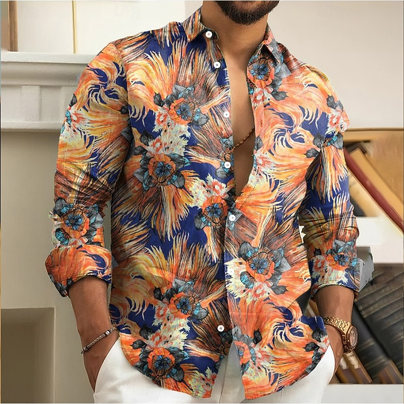 Men's Floral Print Flowers Shirt Button Up Shirt Long Sleeve Fashion Casual Holiday Casual Daily Spring Fall Turndown 3D Print Collared Shirts Yellow Blue Orange
