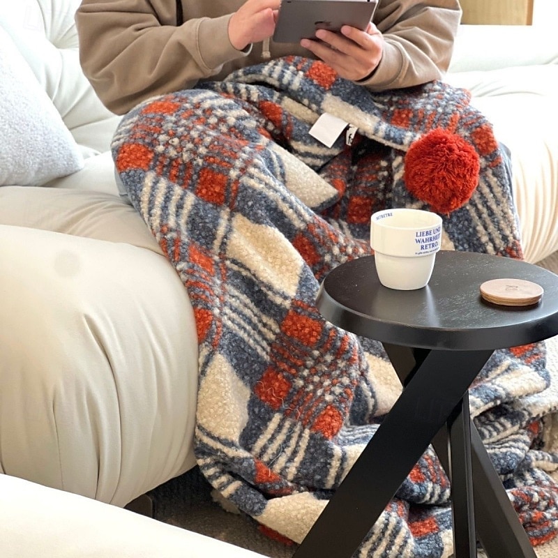 Blue Plaid Double-Sided Wool Christmas Nap Blanket, Sofa Throw, New Year Holiday Blanket