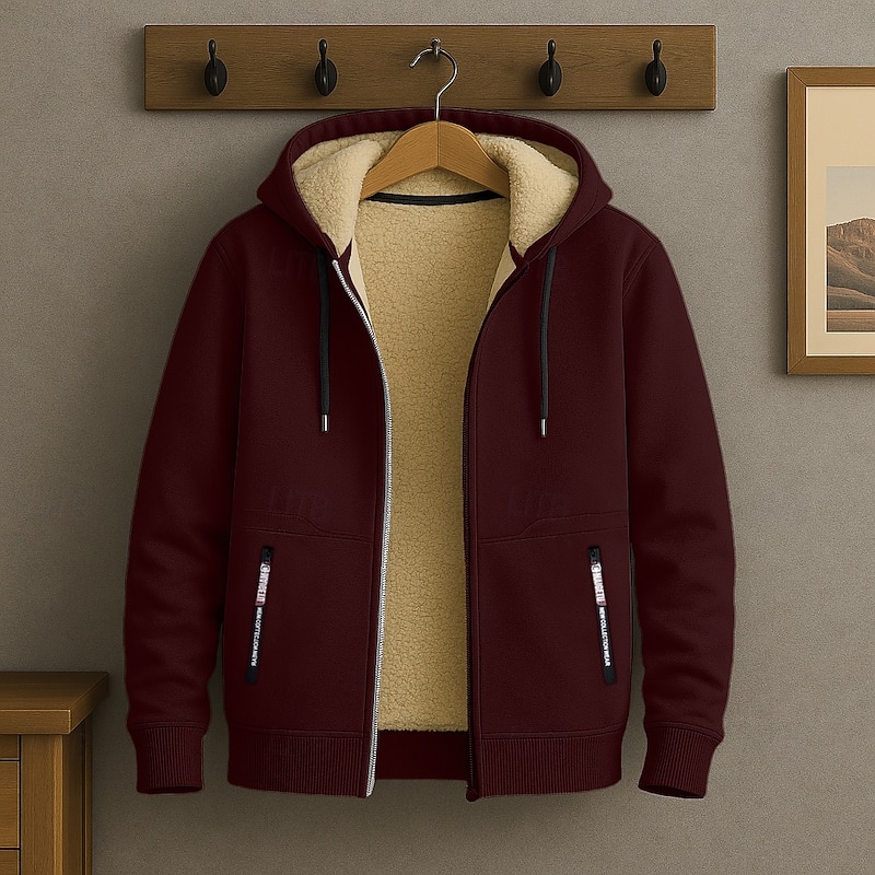 Men's Hoodie Full Zip Hoodie Fleece Hoodie Fleece lined Hoodie Black White Army Green Burgundy Navy Blue Hooded Plain Patchwork Sports & Outdoor Casual Daily Streetwear Cool Sportswear Fall Winter3