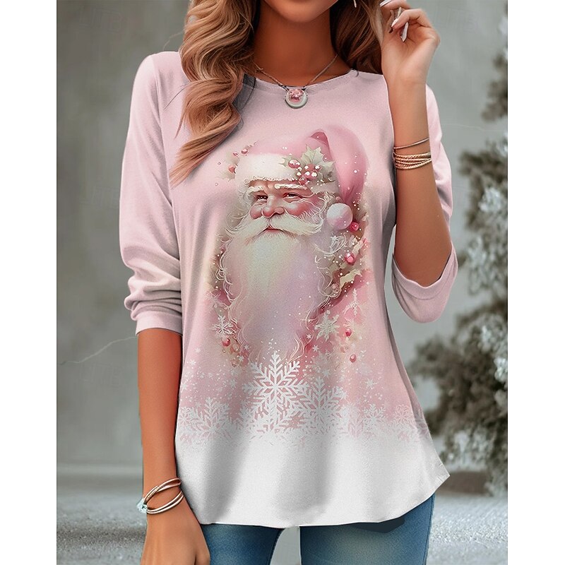 Christmas Women's T Shirt Graphic Santa Claus Vintage Fashion Stylish Long Sleeve Crew Neck Round Neck Regular Tops Daily Weekend Print Black White Pink Red Blue Spring Fall Winter2