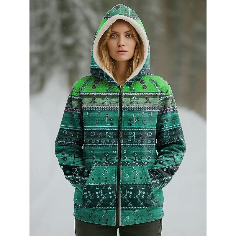 Women's Winter Coat Warm Zipper Pocket Print Casual Floral Casual Regular Hooded Regular Fit Long Sleeve Outerwear Pink Blue Purple Fall Winter2