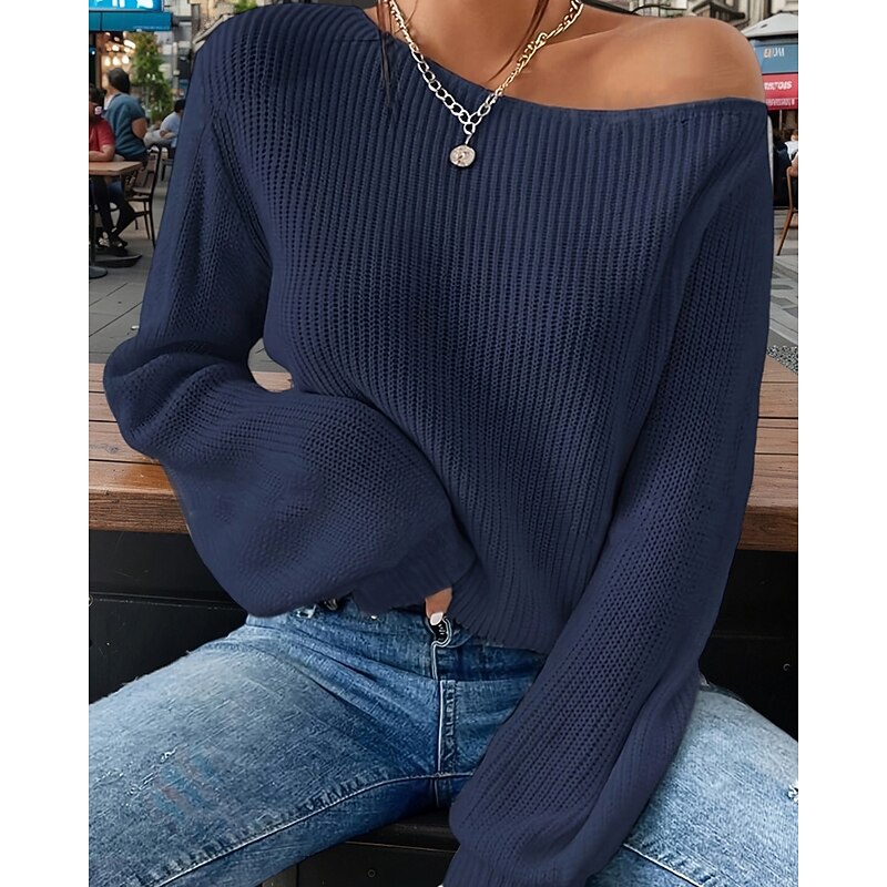 Women's Sweater Pullover Streetwear Casual Solid Color Off Shoulder Knitted Long Sleeve Regular Tops Knit Daily Holiday Going out Black White Fall Winter