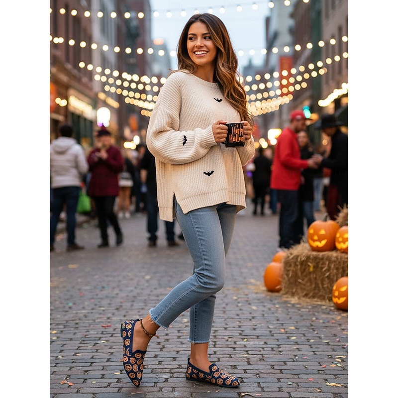 Women's Halloween Knit Pumpkin Print Pointed Flats – Soft Breathable Casual Shoes for Trick or Treat Events and Holiday3