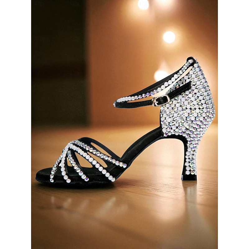 Women's Black Rhinestone Latin Dance Sandals - Strappy Glitter Professional Ballroom Shoes with Ankle Strap and Mid Heels for Salsa, Tango and Performance3