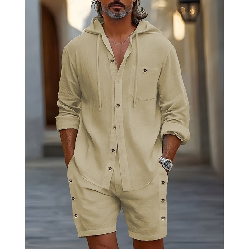 Men's Linen Shirt T-shirt Suits 2 Pieces Outfits Tee & Shorts Long Sleeve Hooded Summer Spring Plain Fashion Casual 2 Piece Button-Down Vacation Daily Wear Going out Black White khaki Top Tee for Men4