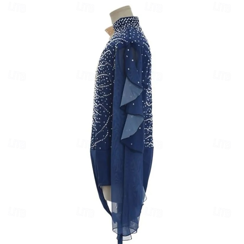 Figure Skating Top Men's Boys' Ice Skating Tops Navy Blue Patchwork Mesh Spandex High Elasticity Training Competition Skating Wear Classic Crystal / Rhinestone Long Sleeve Ice Skating Figure Skating4