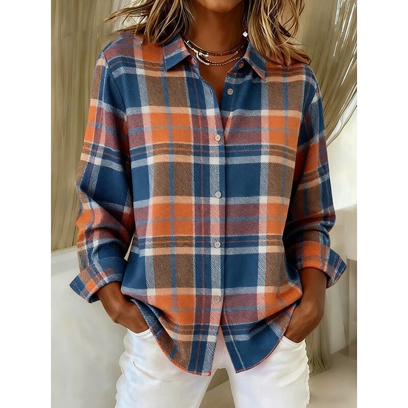Women's Shirt Blouse Plaid Casual Long Sleeve Shirt Collar Regular Tops Daily Patchwork Buttons Print Black Blue Dusty Blue Orange Fall Winter3