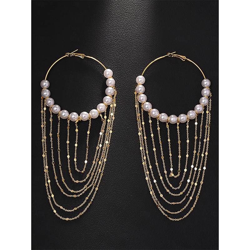 Women's Large Pearl Hoop Earrings with Layered Gold Chains - Statement Jewelry for Party Outfits, Nightclub Fashion & Special Occasions3