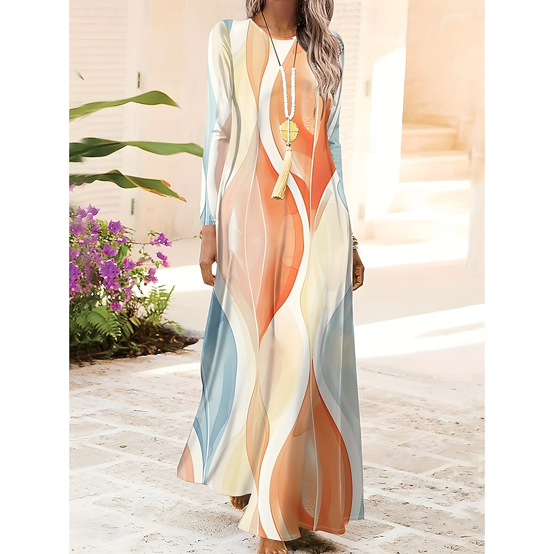Women's Maxi Dress A Line Dress Casual Boho Daily Holiday Regular Fit Geometric Abstract Long Sleeve Crew Neck Blue Orange Green Spring Fall