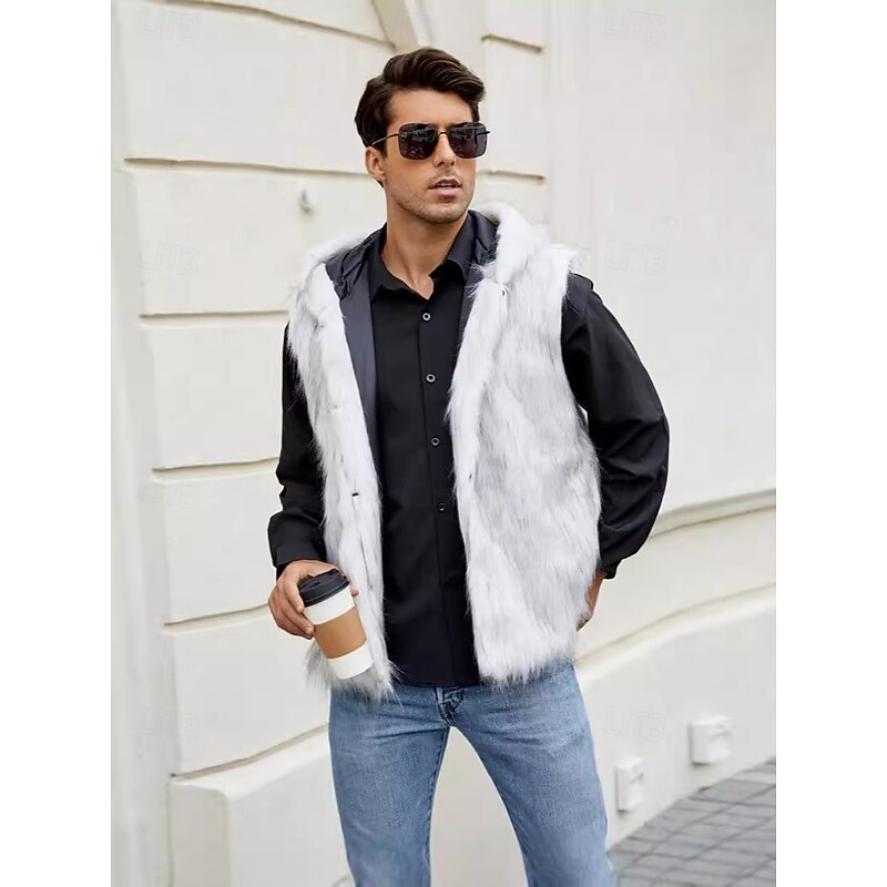 Men's Fleece Vest Hoodie Vest Faux Fur Vacation Casual Daily Wear Going out Fashion Basic Fall Spring &  Fall Hooded Acrylic Faux Fur Comfortable Plain Zipper V Neck Regular Fit Black White Brown3