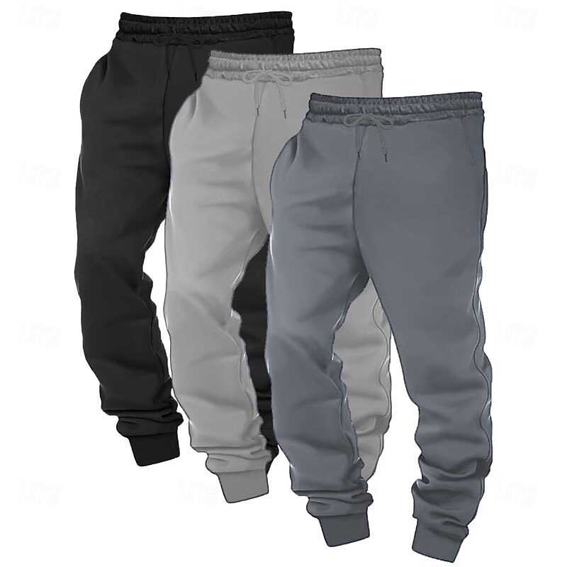 Men's Sweatpants Joggers Fleece Pants Winter Pants Trousers Drawstring Elastic Waist Solid Color Comfort Warm Full Length Outdoor Casual Daily Ethnic Style Classic Style Light Grey+Blue+Black3