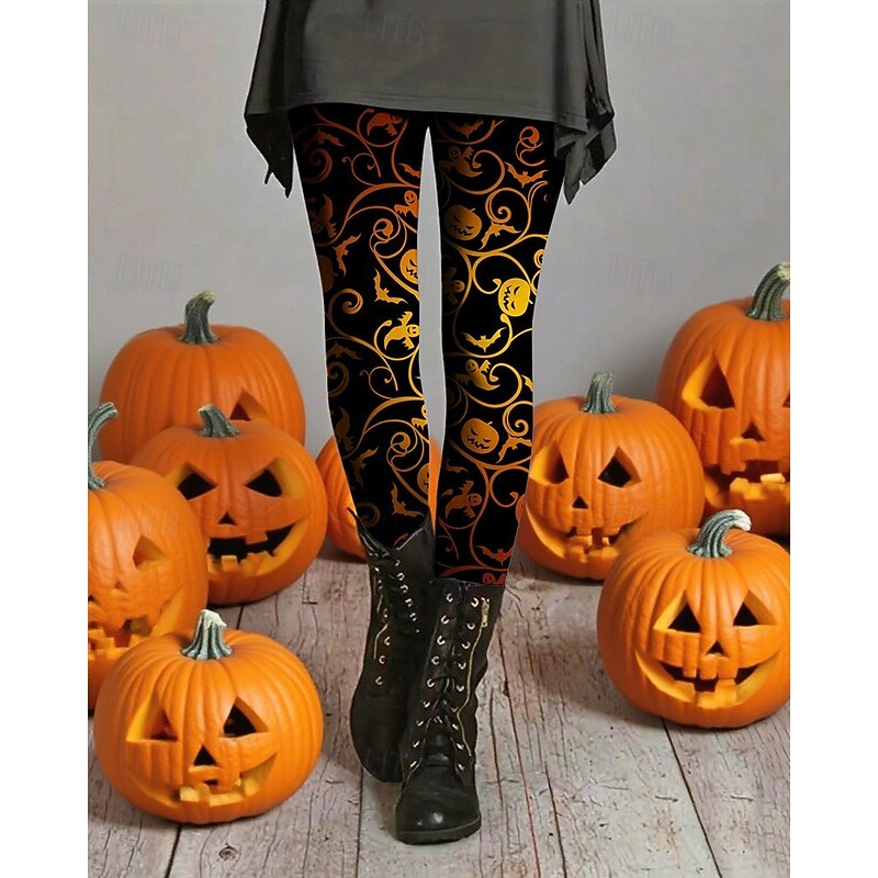 Women's Leggings Cozy Leggings Vacation Basic Casual Full Length High WaistPantsHalloween Pumpkin Printing Thermal Warm Comfortable High Elasticity Vacation Casual Daily Orange Fall Winter Slim Fit