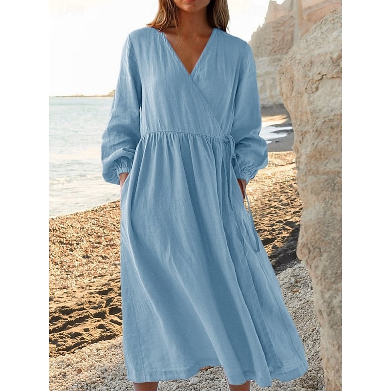 Women's Midi Dress A Line Dress Casual Daily Loose Fit Plain Long Sleeve V Neck Black White Yellow Red Summer Spring Fall4