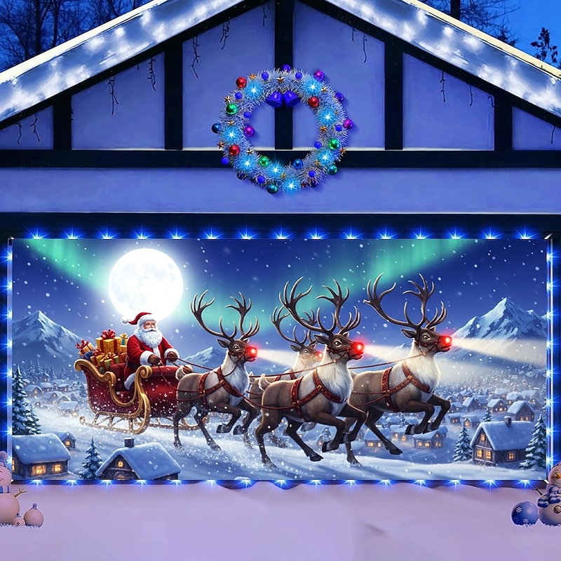 Christmas Garage Door Cover Winter Holiday Decoration Drapes with Santa Claus Reindeer Sleigh Team and Aurora Borealis Print for Home Entryway Living Room Bedroom Indoor Outdoor Festive Seasonal Decor