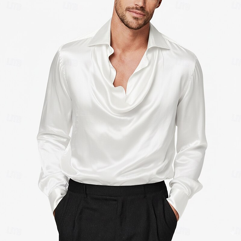 Men's Shirt Satin Shirt Dress Shirt Casual Shirt Button Up Shirt Prom Shirt Plain Formal Wedding Black White Wine Navy Blue Long Sleeve Cowl Neck All Seasons Clothing Apparel4