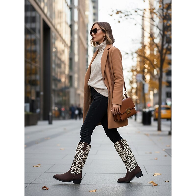 Women's Black and Animal Print Knee-High Boots with Block Heels, Trendy Urban Fashion Footwear for Stylish Looks3