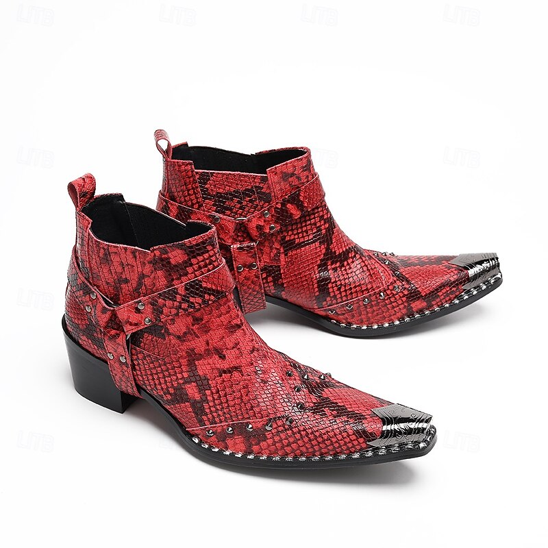 Men's Red Snake Print Leather Ankle Boots with Metal Toe and Buckled Strap – Rock Punk Western Cowboy Boots for Riders, Biker Style and Party Wear2