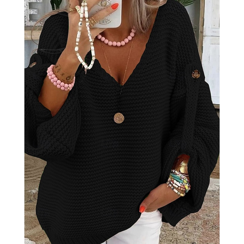 Women's Sweater Pullover Streetwear Casual Solid Color V Neck Knitted Long Sleeve Regular Tops Knit Daily Holiday Going out Black White Fall Winter2