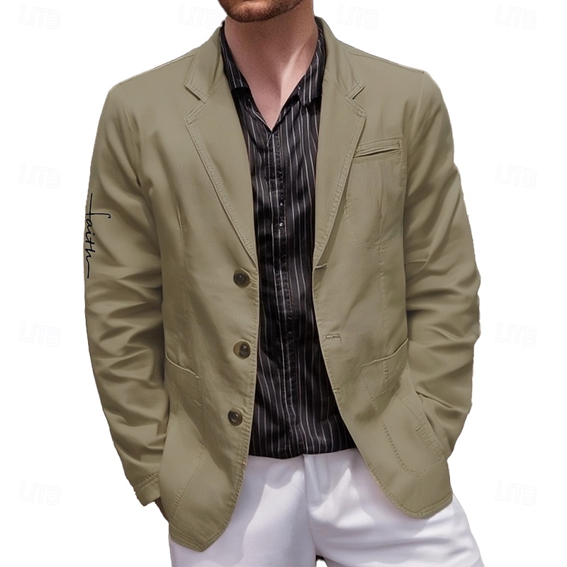 Men's Letter Printed Faith Blazer Cotton Suit Jacket Suits Coat Casual Outdoor Dailywear Multiple Pockets Three Button Stripe Lined Suit Jacket Fall Winter Notch lapel collar Long Sleeve Black khaki