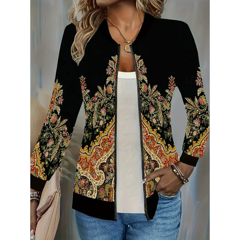 Women's Casual Jacket Warm Quick Dry Zipper Pocket Elegant Fashion Daily Simple Floral Vacation Casual Daily Holiday Regular Baseball Collar Regular Fit Long Sleeve Outerwear Black Gold Black Dark