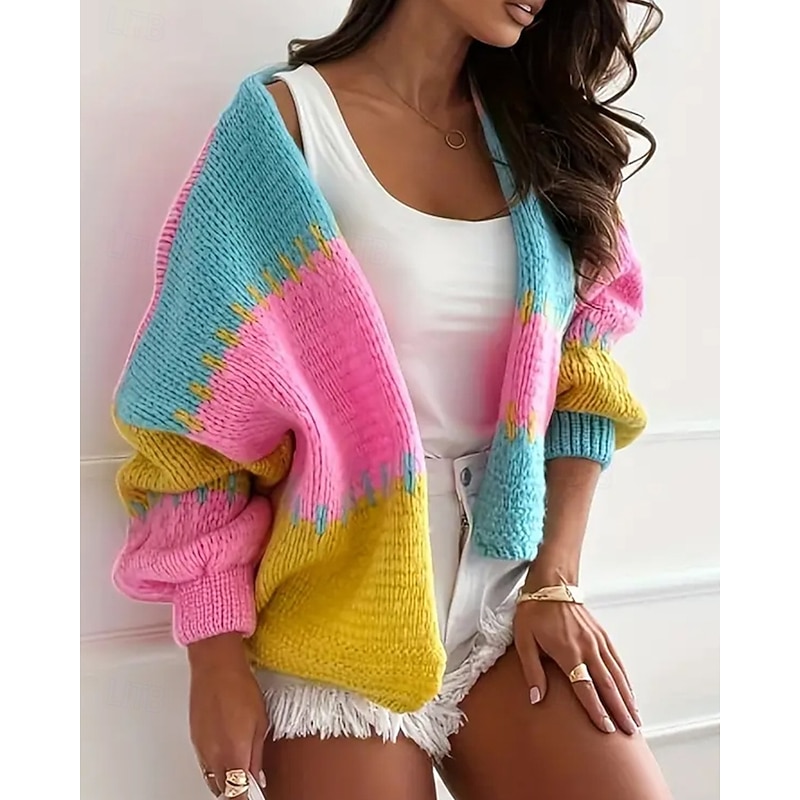 Women's Sweater Cardigan Streetwear Casual Color Block V Neck Patchwork Knitted Long Sleeve Regular Tops Knit Daily Going out Weekend Pink Orange Fall Winter