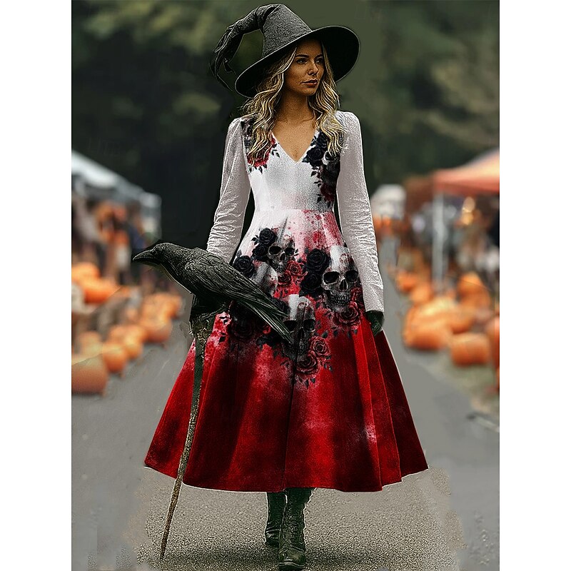 Halloween Women's Maxi Dress A Line Dress Vacation Casual Boho Beach Regular Fit Floral Graphic Long Sleeve V Neck Black Dark Red Wine Red Spring Fall4