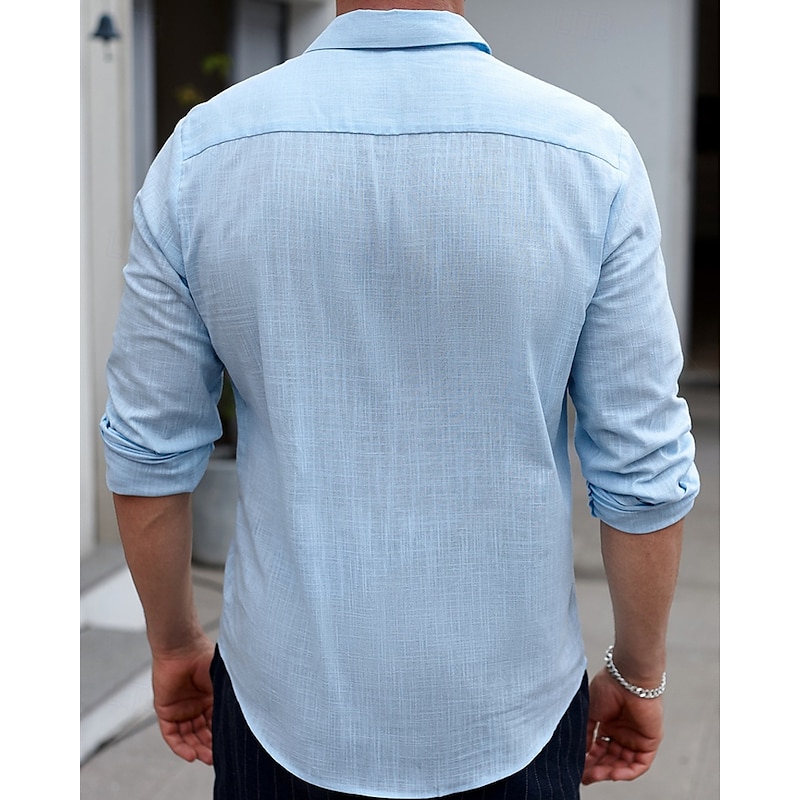 Men's Shirt Summer Shirt Casual Shirt Beach Shirt Button Up Shirt Light Blue Long Sleeve Plain Lapel Vacation Hawaiian Clothing Apparel Fashion Casual Comfortable4