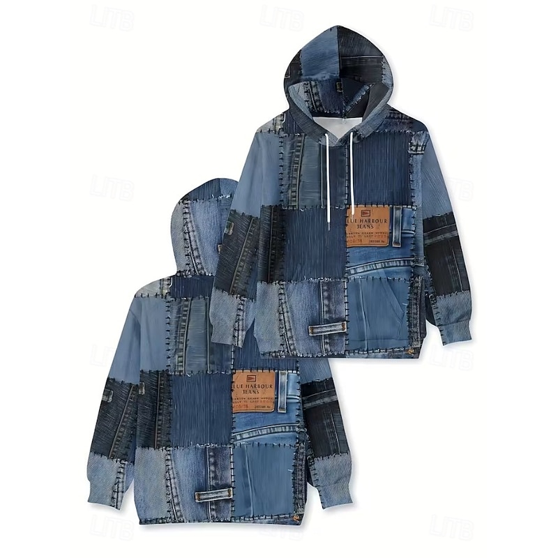 Women's Pullover Hoodie Sweatshirt Graphic Geometric Punk Active Vintage Long Sleeve Hooded Regular Tops Street Dailywear Patchwork Print Front Pocket Denim Blue Blue Fuchsia Light Blue Spring Fall3