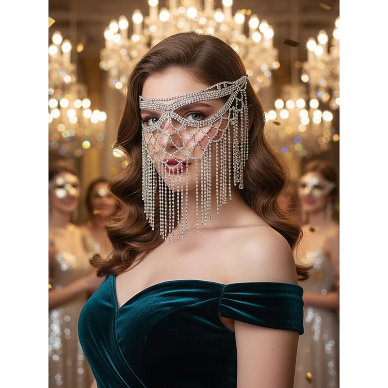 Women's Gold Tassel Masquerade Mask Headpiece - Elegant Crystal Fringe Face Accessory for Costume Ball and Party2
